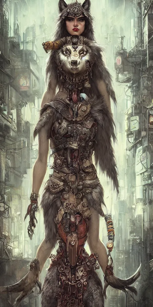 Image similar to hyper realistic Princess Mononoke, ornate mask, wet market street, cyberpunk metropolis, city landscape, jewels, full body pose, wolves, style of tom bagshaw, mucha, james gurney, norman rockwell, denoised, sharp