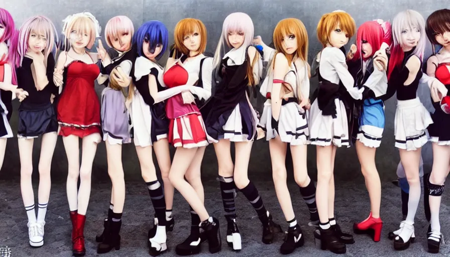 Image similar to group of cute anime characters in very short miniskirts, lightly dressed, ultra detailed digital art, hyper real, detailed, group photo, ultra detailed, ground up angle