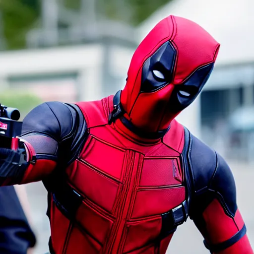 Image similar to candid photo of deadpool filming a camera man, 4 k