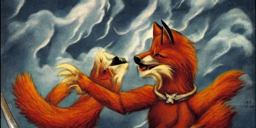 Image similar to anthropomorphic fox who is a medieval knight pointing a sword towards a stormy thundercloud 1 9 3 0 s film still, ladislas starevich