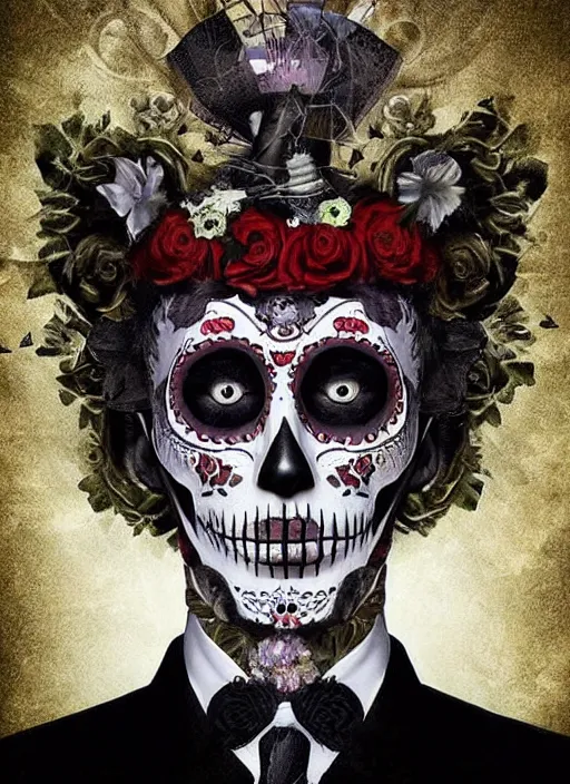 Prompt: dia de los muertos hombre theme surrealist art in the styles of igor morski, jim warren, and a tim burton film, intricate, hyperrealistic, accurate facial details, profile picture with chromakey!!!!! background, volumetric lighting