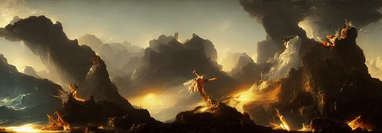 Image similar to an awe-inspiring thomas cole digital art landscape painting of Icarus crashing and burning while his father Daedalus looks on in disbelief, unreal engine, 4k, matte