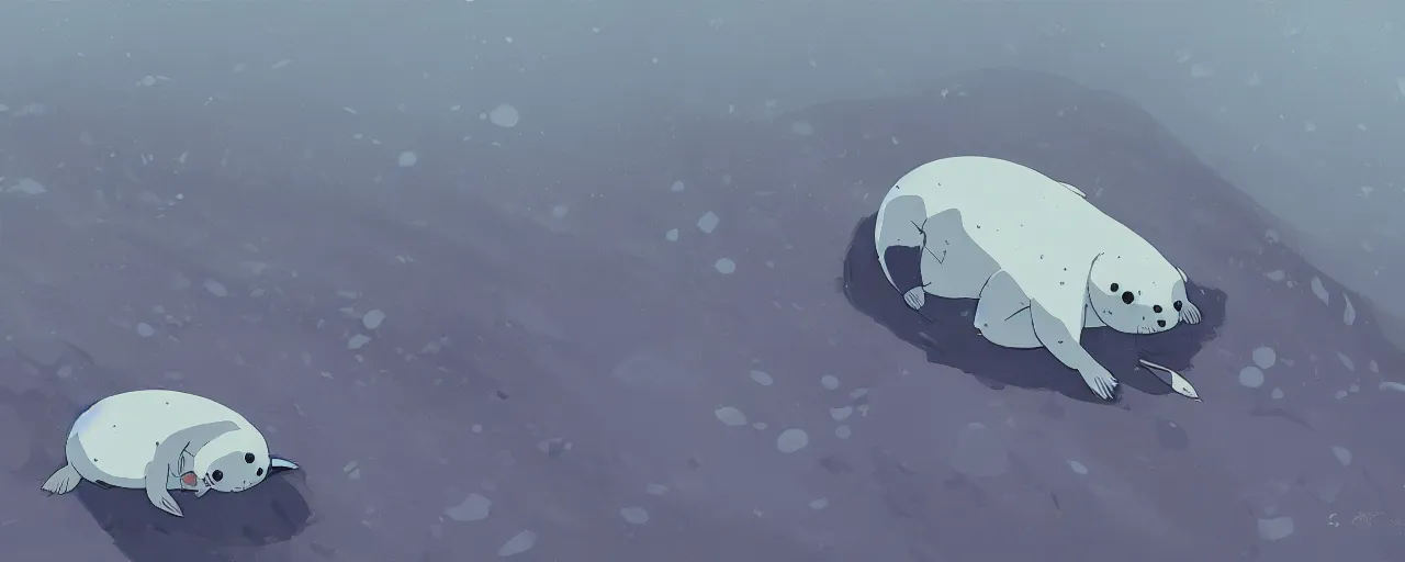 Prompt: a baby harp seal skeleton decomposing on the bottom of the arctic ocean, atey ghailan, goro fujita, studio ghibli, rim light, dark lighting, clear focus, very coherent,