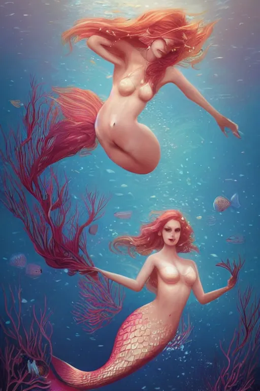 Image similar to beautiful mermaid swimming through coral reefs by charlie bowater