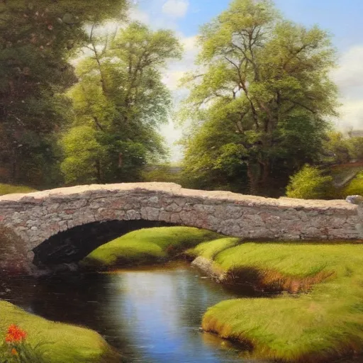Prompt: Stone bridge over brook, pastoral scene. Spring, flowers. Oil on canvas, award winning