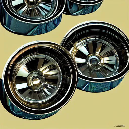 Image similar to futuristic sports car wheel rims designs by, syd mead, ralph mcquarrie, cyberpunk, mandelbulb, cgi, realistic, rendered, sharp