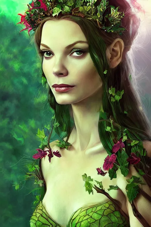Prompt: portrait of a beautiful young lauren bacall as titania, summer queen. faerie queen. queen of light, green, poison ivy, made by caravaggio stanley artgerm lau wlop rossdraws artstation cgsociety concept art cgsociety octane render