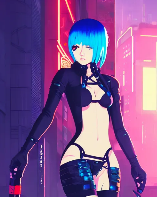 Image similar to digital illustration of cyberpunk pretty girl with blue hair, wearing a black dominatrix outfit, in city street at night, by makoto shinkai, ilya kuvshinov, lois van baarle, rossdraws, basquiat