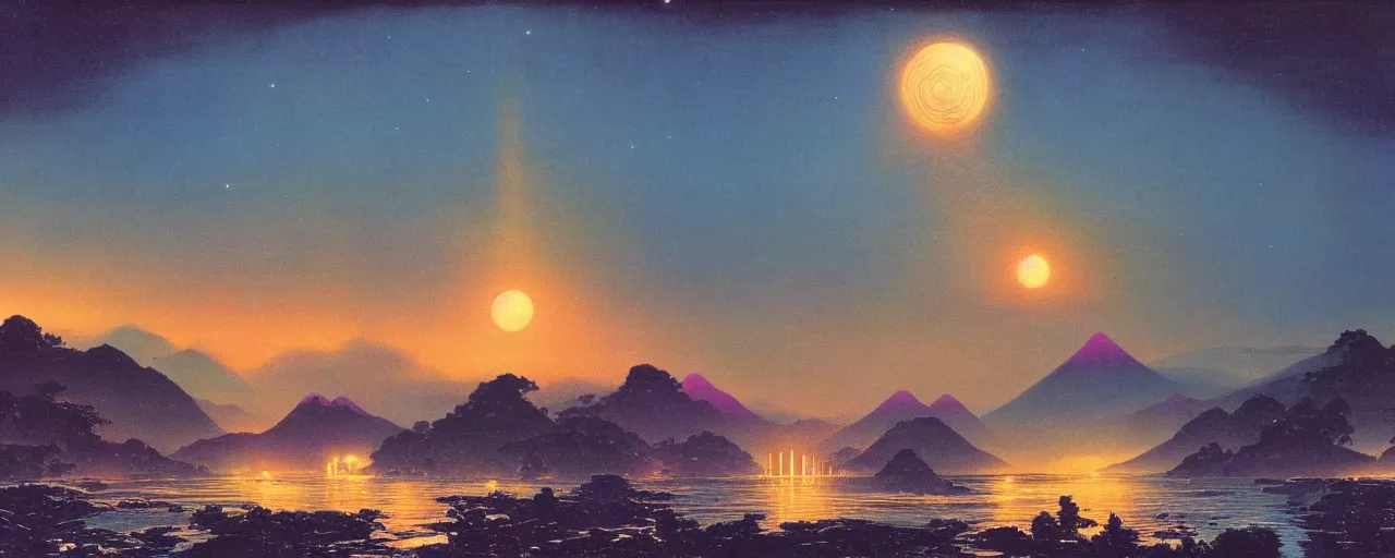 Image similar to awe inspiring bruce pennington landscape, digital art painting of 1 9 7 0 s, japan at night, 4 k, matte