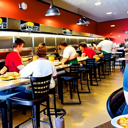 Image similar to busy wafflehouse interior with customers eating breakfast and wafflehouse employees serving food and cooking behind countertop