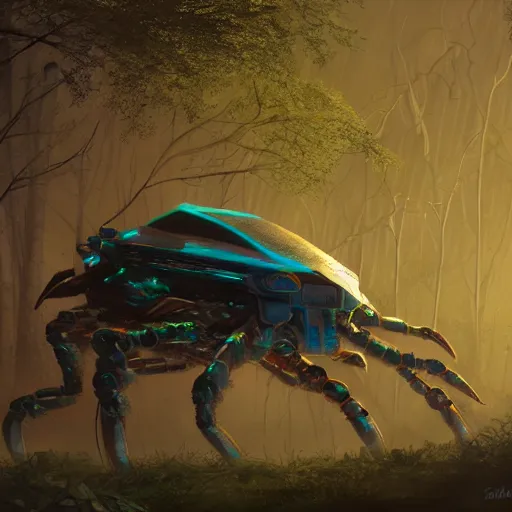 Prompt: a huge cyberpunk crab in the Forest, Concept art, digital art, well detailed, trending on artstation, by Stephen king, 8k, Lovecraft