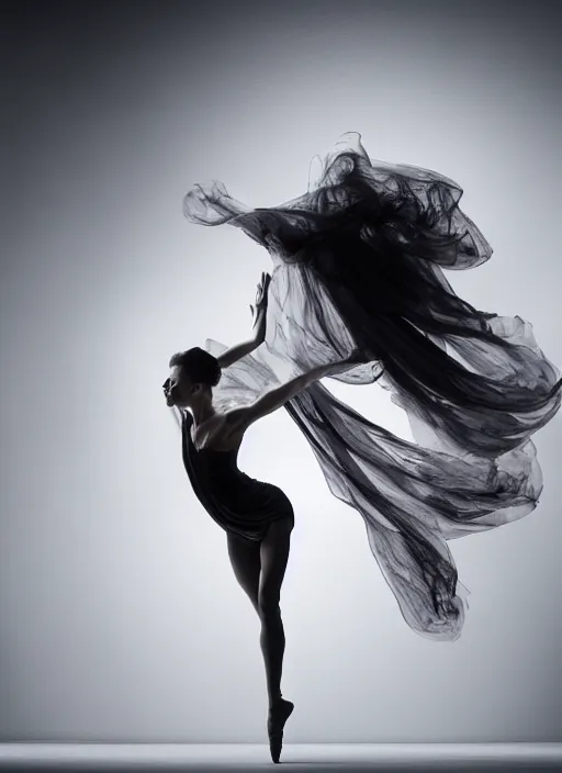 Image similar to a Photorealistic dramatic hyperrealistic render of a glamorous beautiful Female smoke dancer by Ken Brower and Deborah Ory of NYC Dance project,Lois Greenfield,Flowing cloth and smoke,Beautiful dynamic dramatic dark moody lighting,volumetric,shadows,cinematic atmosphere,Octane render,8K