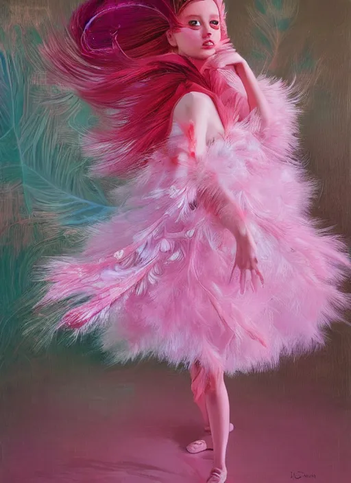 Prompt: beautiful little girl with an pink eccentric haircut wearing an dress made of feathers dancing on stage, artwork made by ilya kuvshinov, inspired in donato giancola, hd, ultra realistic, reflection, flowers, light, realistic face