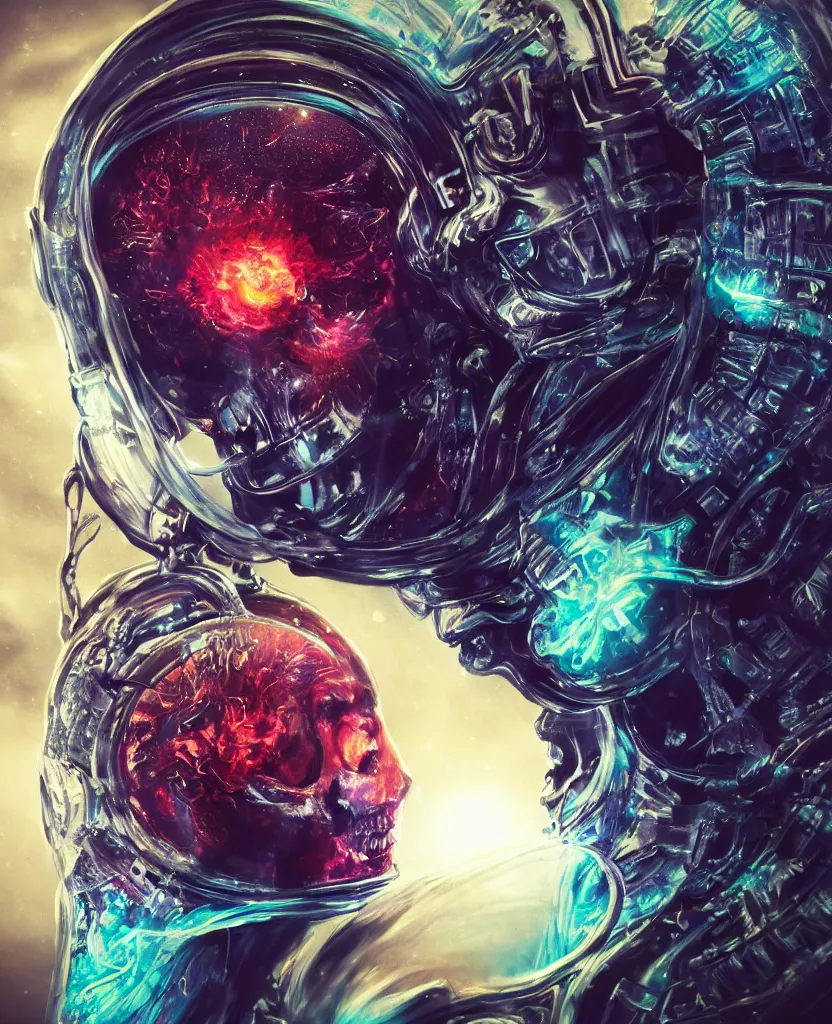 Image similar to close-up macro portrait of the face of a beautiful princess rotten skull in a spaceman suit bob marley, epic angle and pose, symmetrical artwork, 3d with depth of field, blurred background, cybernetic jellyfish female face skull phoenix bird, translucent, nautilus, energy flows of water and fire. a highly detailed epic cinematic concept art CG render. made in Maya, Blender and Photoshop, octane render, excellent composition, cinematic dystopian brutalist atmosphere, dynamic dramatic cinematic lighting, aesthetic, very inspirational, arthouse. y Greg Rutkowski, Ilya Kuvshinov, WLOP, Stanley Artgerm Lau, Ruan Jia and Fenghua Zhong