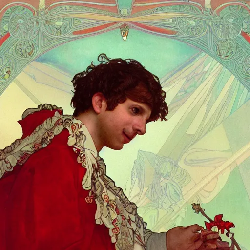 Image similar to a detailed portrait of michael cera as santa ana at the alamo, long twirling moustache, by alphonse mucha and arthur mucha, god rays, intricate detail, cinematic, 8 k, featured on artstation, pixiv