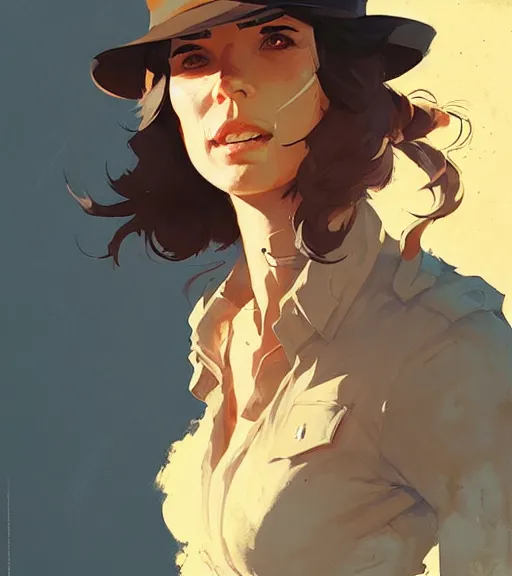 Image similar to portrait of a female indiana jones by atey ghailan, by greg rutkowski, by greg tocchini, by james gilleard, by joe fenton, by kaethe butcher, dynamic lighting, gradient light blue, brown, blonde cream and white color scheme, grunge aesthetic