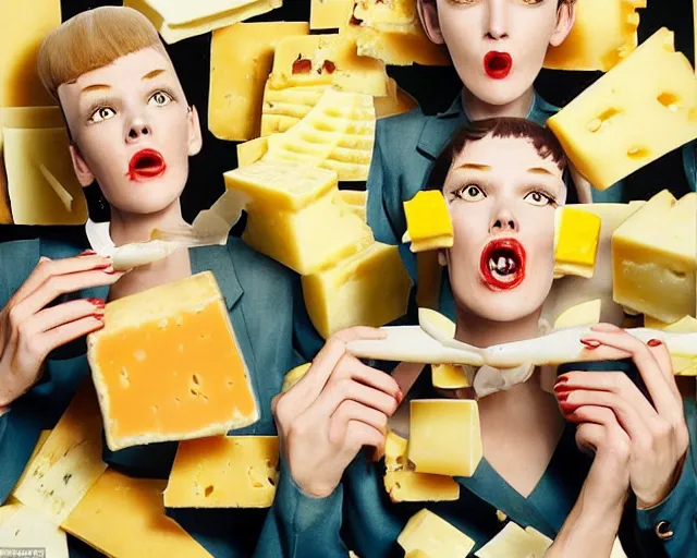 Image similar to incredible strange absurd closeup artwork of androids tasting cheese, finding it very weird but yet tasteful at the same time, weird tasting ritual of cheese products in the style of tim walker fashion photography