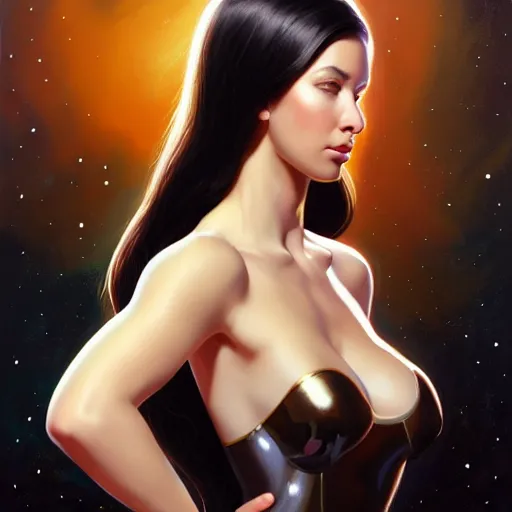 Prompt: a portrait of a very beautiful woman in a spacesuit, Alexandria\'s genesis, shoulder-length black hair, bored, illustration, soft lighting, soft details, painting oil on canvas by mark arian by artgerm, trending on artstation, 4k, 8k, HD, infographic, sci-fi marginalia, holographic