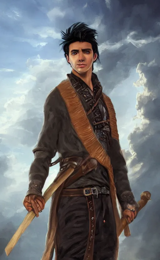 Prompt: photographic portrait of young adult male wizard from the waist up with black hair wearing a brown jerkin and bandolier and wielding an intricate wooden staff in front of a castle or stone structure or rock tower and turrets by the sea, photorealistic, dramatic lighting, intense clouds, sharp detail, hyper realistic, foggy atmosphere, intense facial expression, octane render, ocean waves crashing, rule of thirds, no really put a castle in there