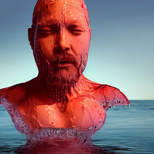 Image similar to a water sculpture in the shape of a human head, on the ocean water, water manipulation photoshop, behance, ray tracing, cinematic, in the style of johnson tsang, long shot, hyper detailed, hyper realistic, 8 k resolution, sharp focus, realistic water, award winning