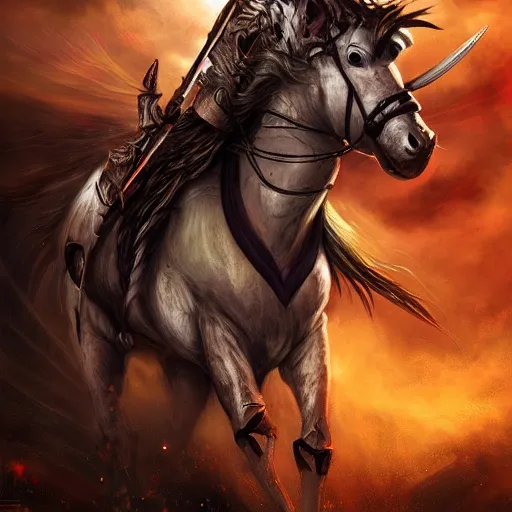 Image similar to epic digital painting of a warrior on a battle horse, eyes glowing, fantasy, sharp focus, highly detailed, cinematic