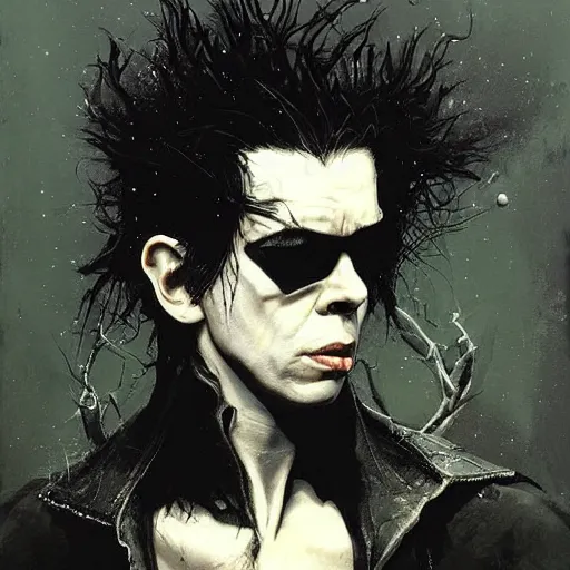 Prompt: stunning portrait of gaunt andrew eldritch a ( the cure fan ) as dream from sandman, dim stars as eyes, by jeremy mann, by cedric peyravernay, by by russ mills, by richard avedon and ben templesmith, dramatic lightning, sadness, dark eye sockets, in the shadows, punk rock, gothic, high detailed, 8 k