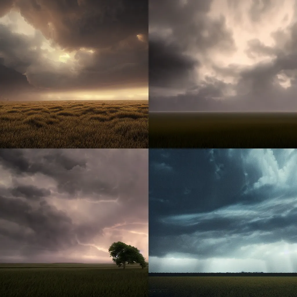 Prompt: plains, dusk, stormy overcast, octane render, cinematic, trending on artstation, elegant, intricate, 8k