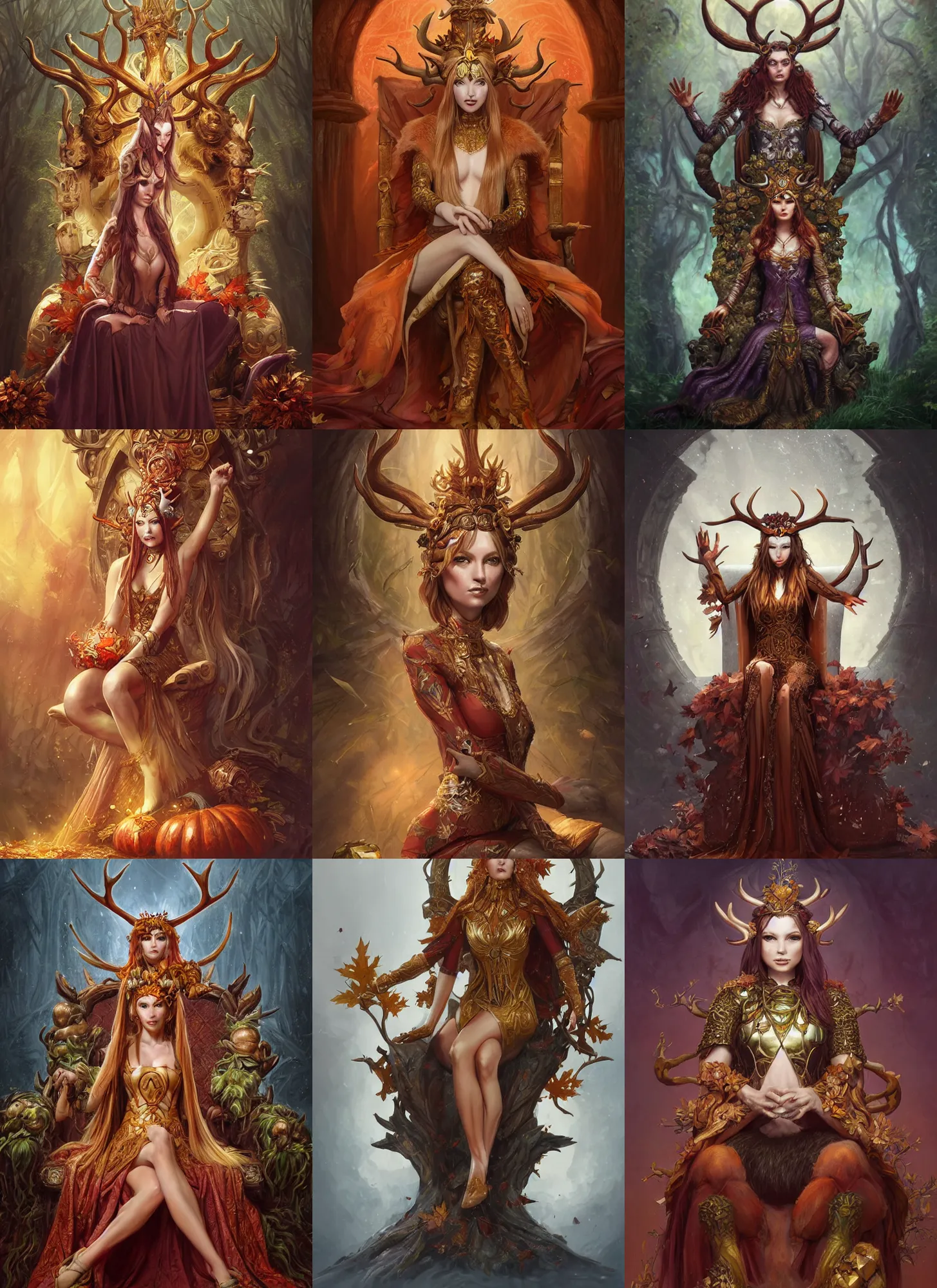 Prompt: autumnal empress, cernunnos, seated on throne, genevieve o'reilly, d & d, fantasy, portrait, highly detailed, digital painting, trending on artstation, concept art, sharp focus, illustration, art by artgerm and greg rutkowski and magali villeneuve