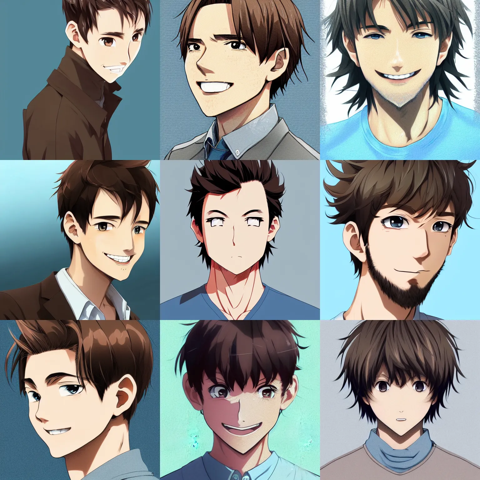 Prompt: A medium shot anime portrait of a smiling anime man with very short light brown hair, light grey-blue eyes, light brown hair, short facial hair, medium shot portrait, his whole head fits in the frame, solid color background, flat anime style shading, head shot, 2d digital drawing by Stanley Artgerm Lau, WLOP, Rossdraws, James Jean, Andrei Riabovitchev, Marc Simonetti, and Sakimi chan, trending on artstation