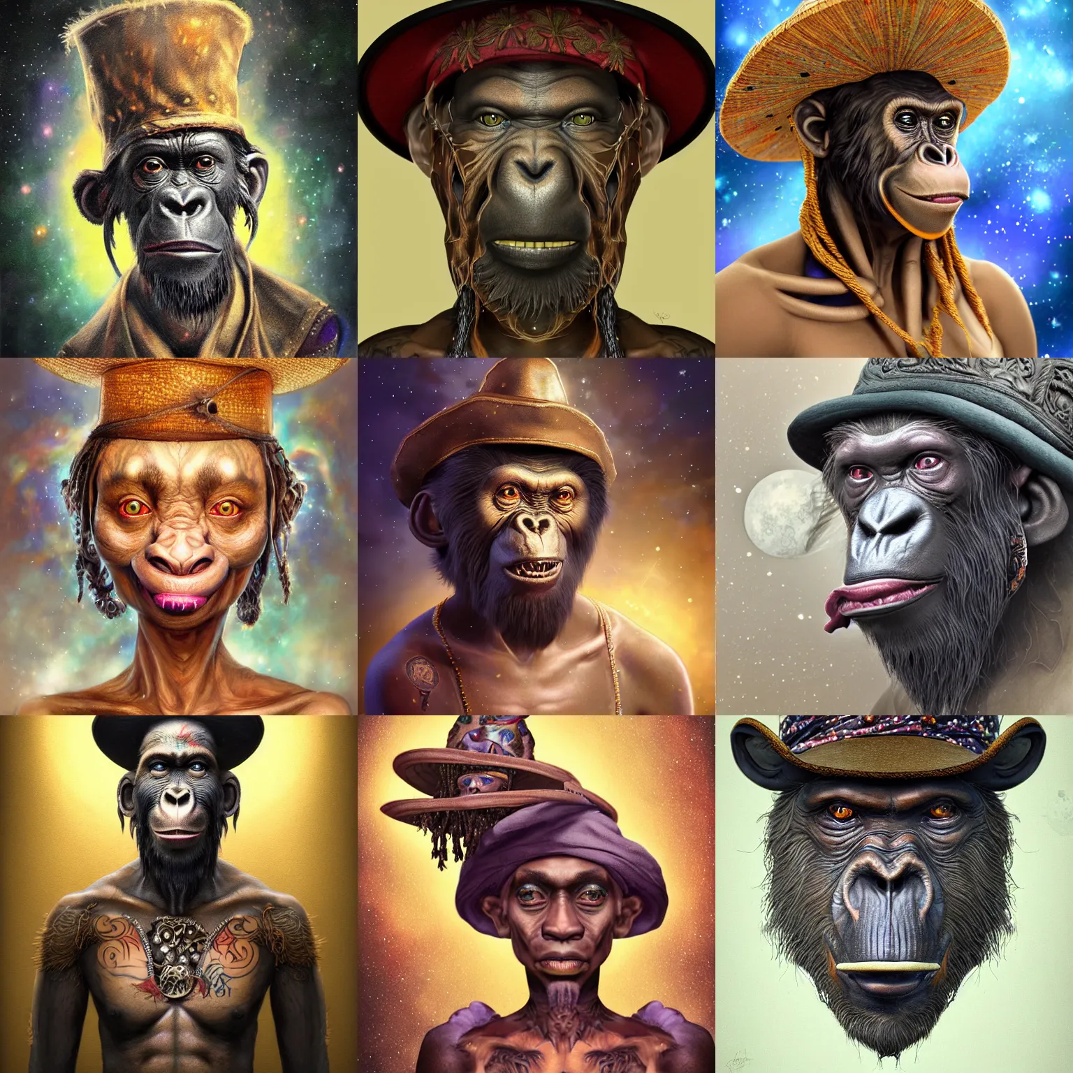 Image similar to a wlop 3 d render of very very very very highly detailed beautiful mystic portrait of a student voodoo ape in a hat with whirling galaxy around, tattoos by anton pieck, intricate, extremely detailed, digital painting, artstation, concept art, smooth, sharp focus, illustration, intimidating lighting, incredible art,