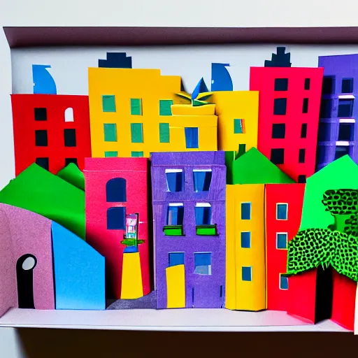 Prompt: paper craft diorama of a colorful city with people and cars