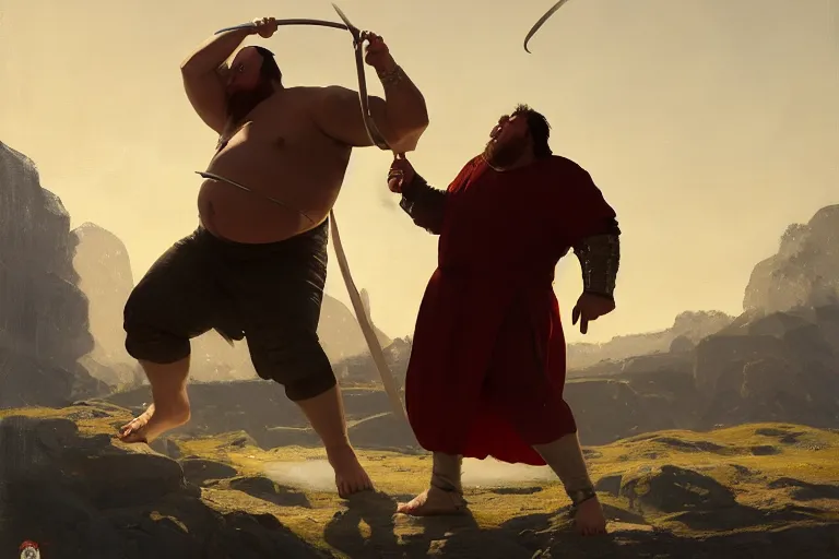 Prompt: a dynamic painting of a medieval sorcerer fighting a gigantic white fat monster, obese monstrosity fight by ilya kuvshinov and jeremy lipking and quentin mabille, realism, ultra detailed, 8 k resolution