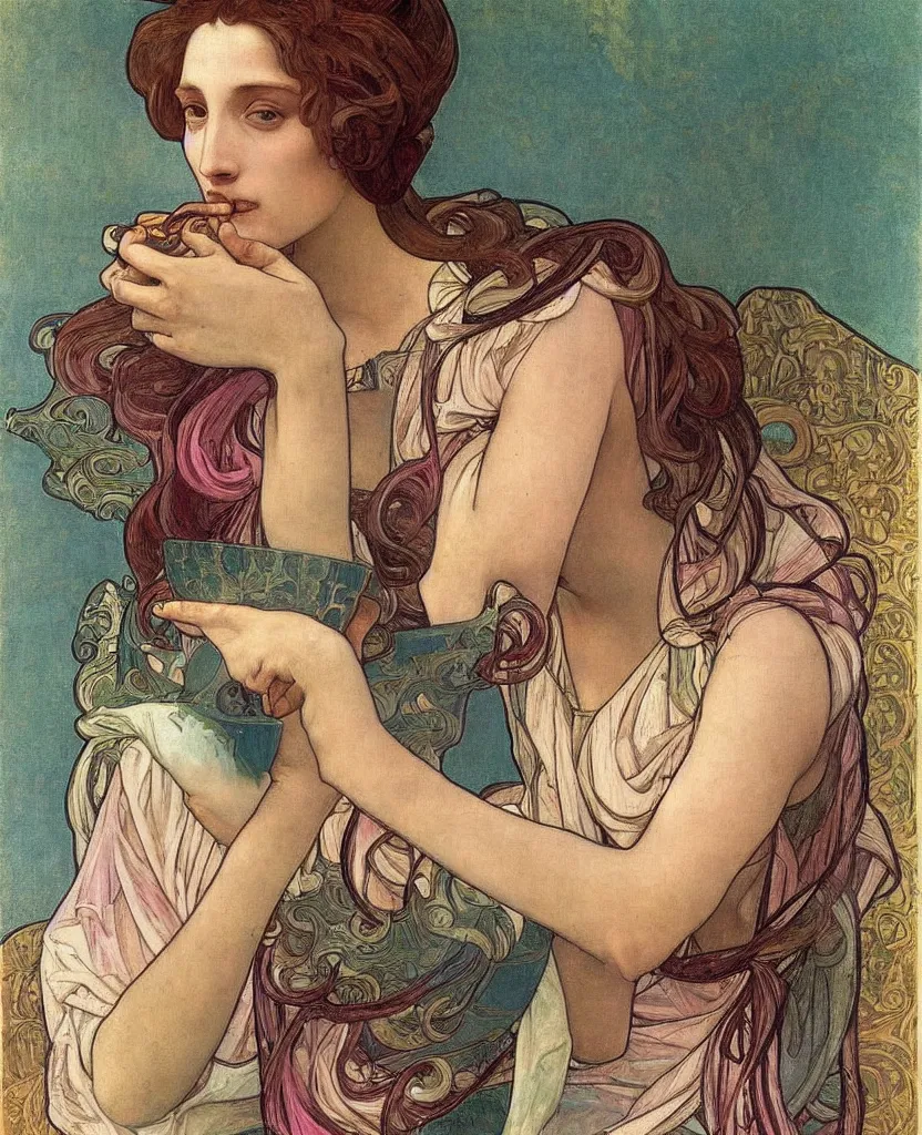 Image similar to a beautiful arrogant surreal greek lady drinking tea looking disdained, rennaisance painting, whimsical, pastel pink color palette, by leonardo da vinci and alphonse mucha