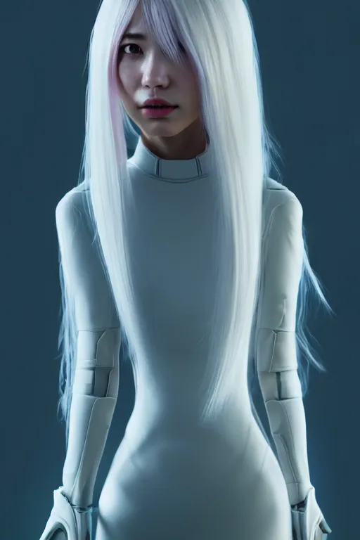 Image similar to upright and straight girl, bae suzy, scifi, futuristic design, full body model, long white hair, character design, cinematic lighting, highly detailed, by beeple, goro fujita, smooth gradient.