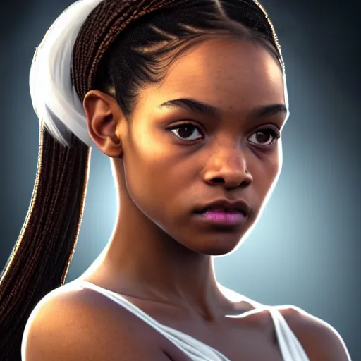 Image similar to a photorealistic hyperrealistic, bright brown eyes, light skinned african american young girl, ponytail hair, flawless face, beautiful lips, cute face, gorgeous white veil, by wlop, artgerm, greg rutwoski, alphonse mucha, beautiful dynamic dramatic low - light moody lighting, cinematic atmosphere, artstation, concept design art, octane render, 8 k