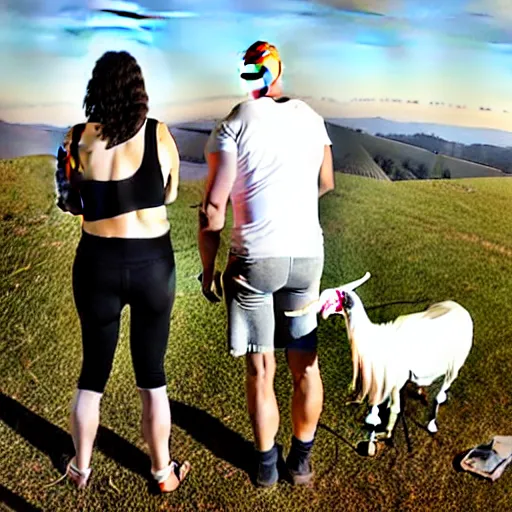 Image similar to portrait of a bald white male tattoos and his white female wife with tattoos. male is wearing a white t - shirt, tan shorts, white long socks. female is tall and has long brown hair photo from behind them overlooking the field with a goat pen. rolling hills in the background of california and a partly cloudy sky