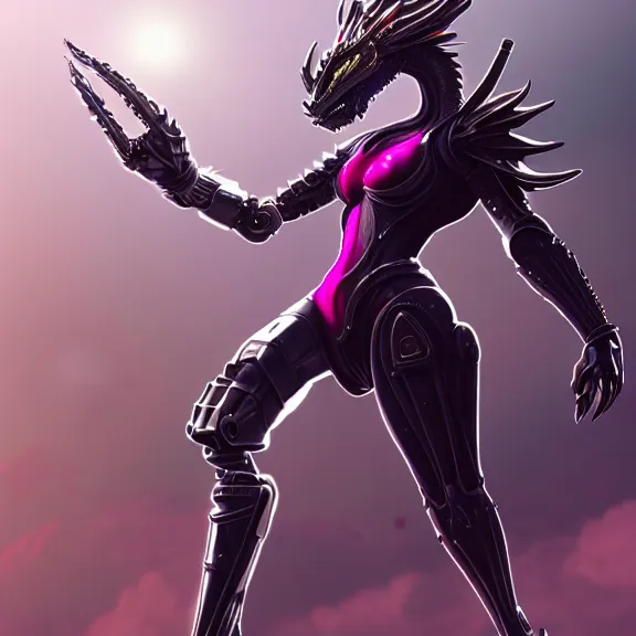 Image similar to extremely detailed giantess shot of a goddess that's a giant beautiful stunning anthropomorphic robot female dragon, standing majestically on a mountain, elegant pose, robot dragon claws, streamlined shiny silver metal armor, fuchsia skin, detailed sharp metal claws, long elegant tail, detailed warframe fanart, destiny fanart, high quality digital art, giantess art, furry art, warframe art, furaffinity, DeviantArt, artstation, 8k HD, octane render