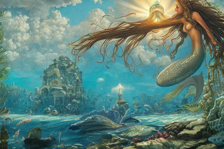 Image similar to a beautiful painting of the lost city of Atlantic city under water, ray of sunlight, mermaid in distance, Mohrbacher