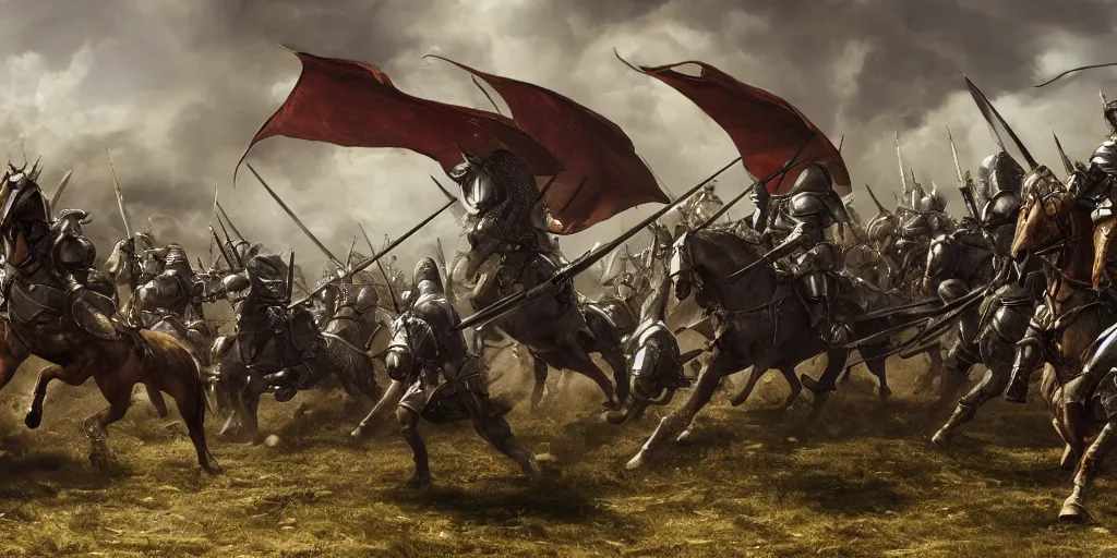 Image similar to detailed digital painting of a battle scene, mounted knights fighting against a dragon, cinematic shot, very detailed, unreal engine, hyper realism, realistic shading, cinematic composition, blender render, octane render, hdr, detailed textures, photorealistic, very wide shot, 1 6 mm lens