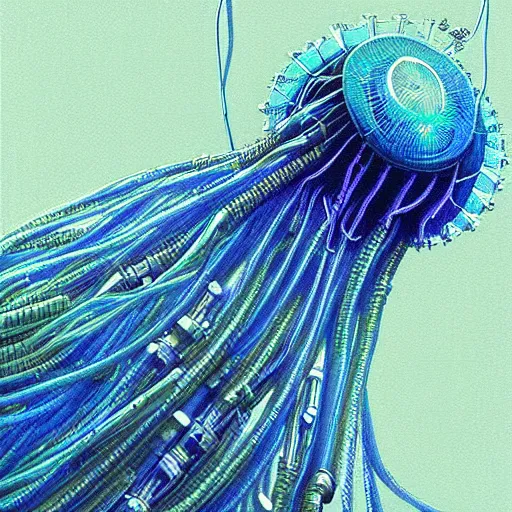 Prompt: a hyper detailed painting of a cyberpunk jellyfish, cables everywhere, blue tones, underwater, futuristic hi-tech details, art by jean giraud