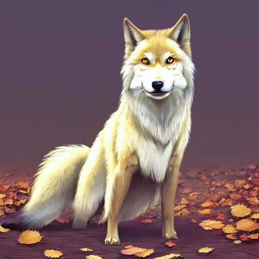 Image similar to professional stylized digital art of a full - body profile of a cream tibetan wolf, tan and light brown accents, fluffy, falling leaves, hd, 8 k, highly detailed, high quality, cute