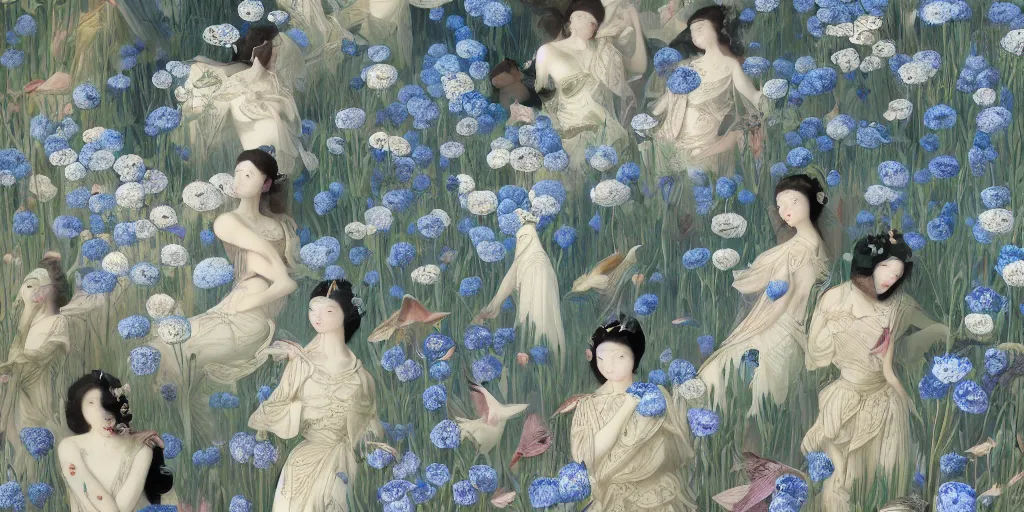 Prompt: breathtaking detailed concept art painting art deco pattern of faces goddesses of nemophila flowers with anxious piercing eyes and blend of flowers and birds, by hsiao - ron cheng and john james audubon, bizarre compositions, exquisite detail, extremely moody lighting, 8 k