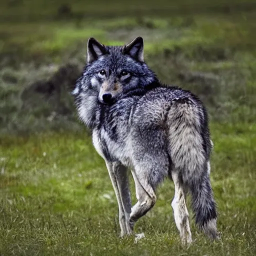 Prompt: a wolf with wings on it's back and glowing green eyes, flying, nature photography,