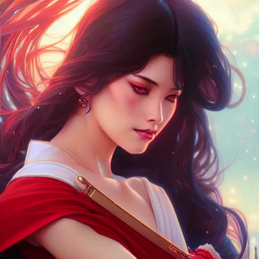 Image similar to Sailor Mars, fantasy, intricate, elegant, highly detailed, digital painting, artstation, concept art, matte, sharp focus, illustration, art by Artgerm and Greg Rutkowski and Alphonse Mucha