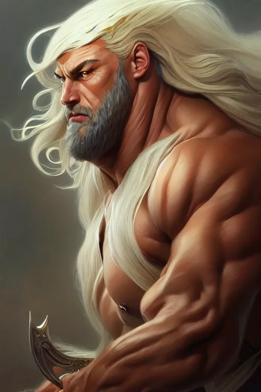 Image similar to big muscular man with long white hair, fantasy, amber eyes, face, long hair, intricate, elegant, highly detailed, digital painting, artstation, concept art, smooth, sharp focus, illustration, art by artgerm and greg rutkowski and alphonse mucha