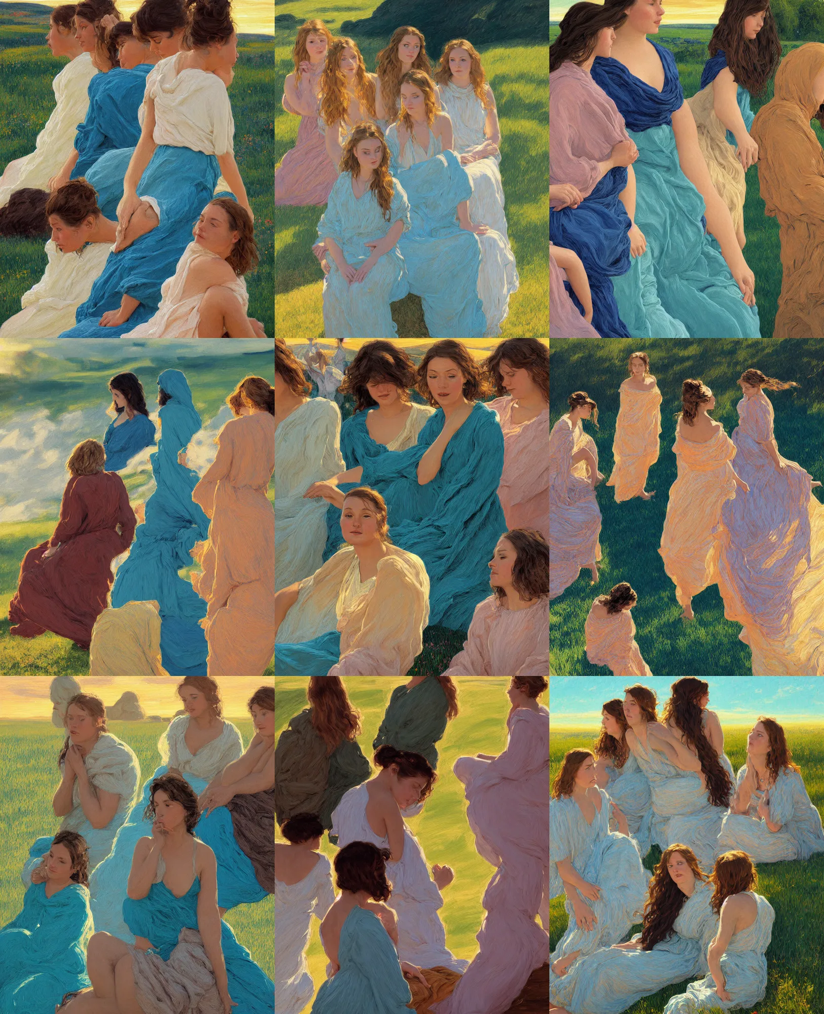 Prompt: three sitting girl in cyan and brown and white maxi dresses between clouds above green fields in sunset light, close up portrait, elegant, intricate, digital painting, artstation, concept art, golden hour, smooth, sharp focus, illustration, art by ed mell and Daniel F. Gerhartz and Jacek Malczewski and gustav klimt, Tibor Nagy