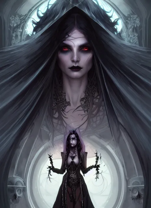 Image similar to Necromancer Sorceress goddess of death, fantasy pentagram magic, undercut hairstyle, dark light night, intricate, elegant, sharp focus, illustration, highly detailed, digital painting, concept art, matte, art by WLOP and Artgerm and Greg Rutkowski and Alphonse Mucha, masterpiece