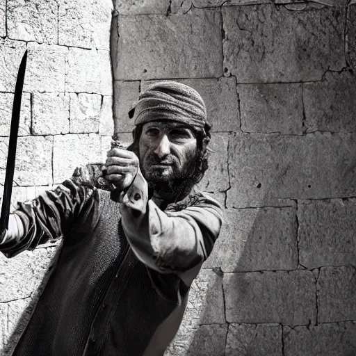 Image similar to award winning cinematic still of 40 year old Mediterannean skinned man building a wall in Jerusalem, holding a sword and a chisel, dramatic lighting, strong shadows, directed by Steven Spielberg