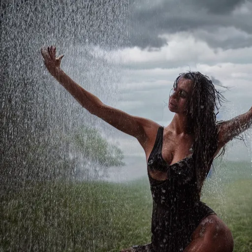 Prompt: 4 k hdr wide angle detailed portrait of a beautiful instagram model woman showering riding mounted on top of a wild deer in a rain shower during a storm with thunder clouds overhead and moody stormy lighting sony a 7