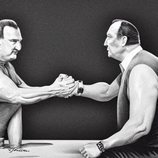 Prompt: Bertie Ahern arm wrestling Steven seagal photorealistic in the style of ansel adams